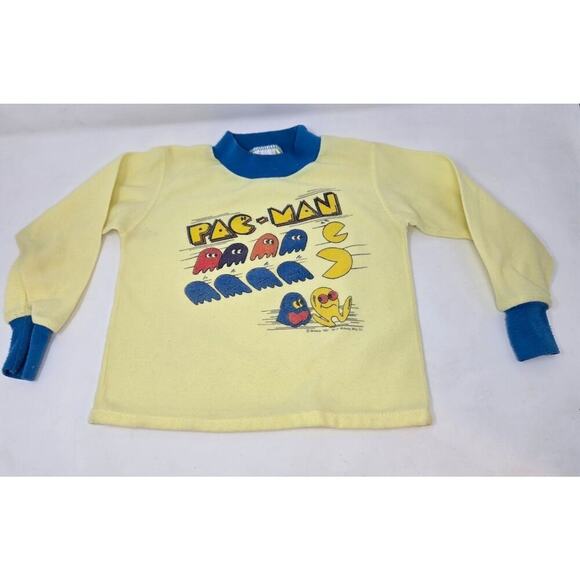 Pac-Man Pajamas Vintage Size 4-5 Long Sleeve Shirt Pant Yellow Blue 1980s Sears - Picture 2 of 12